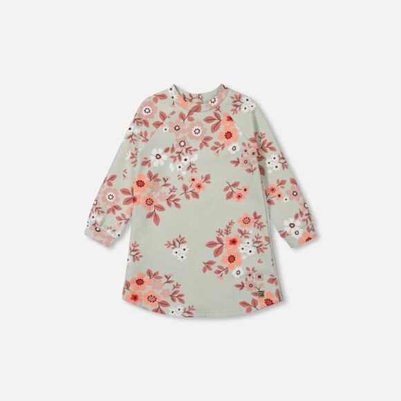 Deux Par Deux Long Sleeve Fleece Dress Sage Green With Flower Print - Picture 1 of 6